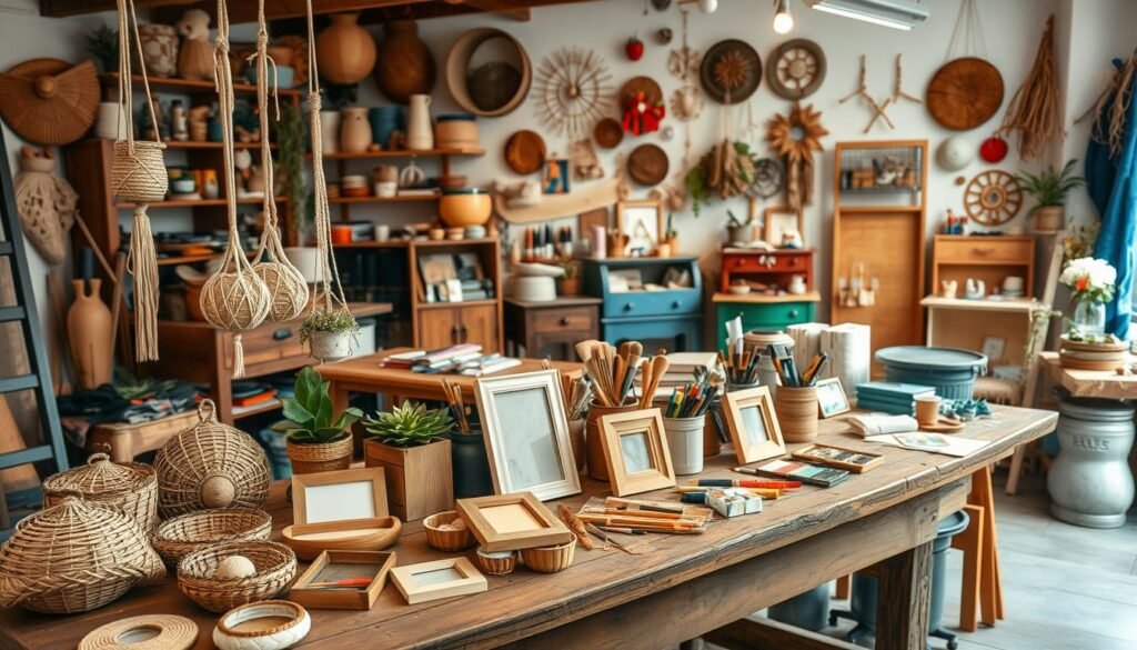 A cozy home workshop filled with a variety of DIY home decor projects. In the foreground, an assortment of handcrafted decorative items, such as woven baskets, macrame plant hangers, and wooden photo frames, arranged on a rustic wood table. In the middle ground, an array of art supplies, including paints, brushes, and fabrics, sit alongside half-finished projects. The background showcases a warm, well-lit space with shelves displaying finished DIY pieces, from vibrant wall hangings to repurposed furniture. The overall atmosphere exudes a sense of creativity, craftsmanship, and a passion for transforming ordinary items into personalized home accents.