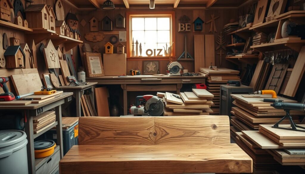 A cozy home workshop filled with a variety of creative DIY scrap wood projects. In the foreground, a rustic wooden bench with a unique geometric pattern carved into the surface. On the shelves behind, an assortment of handmade decorative items like wall-mounted birdhouses, wooden signs, and geometric sculptures. The middle ground features a workbench cluttered with various power tools, hand saws, and piles of reclaimed wood planks in different textures and shades. The background showcases a large window letting in warm, natural light that casts a soft, inviting glow over the entire scene. The overall atmosphere is one of creativity, productivity, and the satisfaction of transforming discarded materials into beautiful, functional pieces for the home.