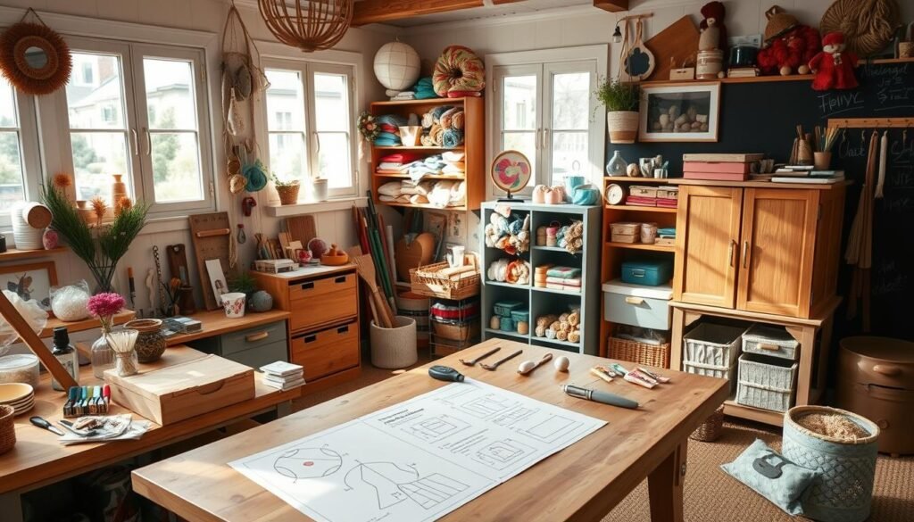 A cozy home workshop filled with an array of craft supplies and tools, natural lighting streaming through large windows. In the foreground, a wooden workbench showcases a step-by-step tutorial on a simple DIY project, with detailed diagrams and clear instructions. Surrounding the workbench, various finished crafts and projects are displayed, inspiring the viewer to create their own unique home decor. The middle ground features shelves stocked with colorful fabrics, yarns, and other materials, while the background contains additional storage cabinets and a chalkboard wall, creating a warm and inviting atmosphere for a creative DIY session.