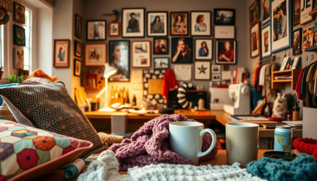 A cozy home workshop filled with personalized DIY projects. In the foreground, an array of handcrafted items - colorful throw pillows, a knitted scarf, and a ceramic mug with a custom design. In the middle ground, a wooden workbench holds an assortment of tools and supplies, including paints, fabrics, and a sewing machine. The background showcases a gallery wall adorned with framed art prints and photographs, reflecting the owner's unique style. Soft, warm lighting casts a gentle glow, creating an inviting and inspirational atmosphere for crafting personalized, one-of-a-kind creations.