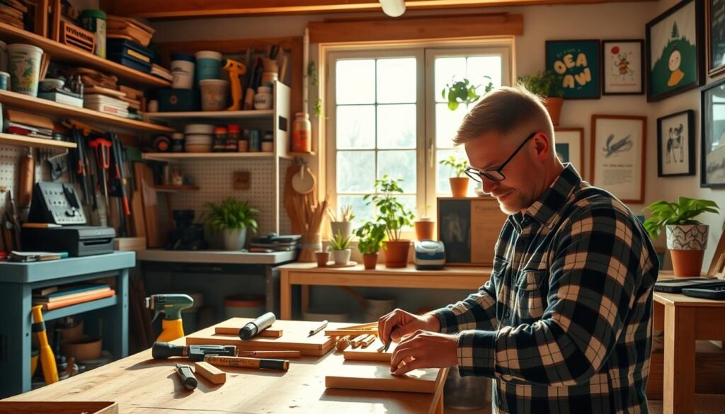A cozy home workshop filled with various DIY tools and materials, illuminated by warm natural lighting streaming in through a large window. In the foreground, a person's hands working on a woodworking project, their focused expression conveying the satisfaction and pride of tackling a hands-on task. In the middle ground, shelves stocked with neatly organized supplies, while the background features cheerful potted plants and framed art, creating a harmonious, inspiring space that encourages creativity and self-reliance. The overall scene radiates a sense of accomplishment, well-being, and the rewarding benefits of dedicating a weekend to personal home improvement.