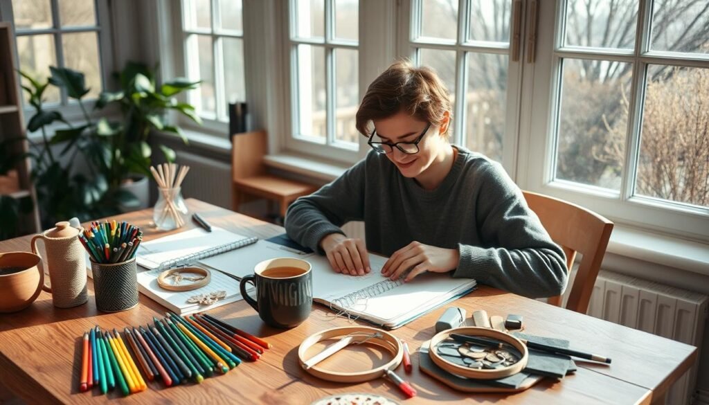 A cozy home workspace, natural light flooding through large windows. On a wooden desk, an array of crafting supplies - colorful pens, sketchbooks, embroidery hoops, and a variety of materials. A potted plant and a steaming mug of tea add warmth to the scene. An adult's hands intently focused on a DIY project, their face expressing a sense of relaxation and mindfulness. The room has a soothing, minimalist aesthetic, promoting a tranquil atmosphere for embracing creativity.
