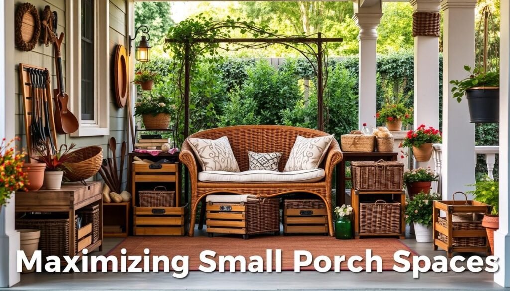 A cozy, inviting porch with an assortment of neatly arranged storage solutions. In the foreground, a series of small wooden crates and baskets, expertly organized to hold gardening tools, outdoor supplies, and seasonal decor. A classic wicker bench sits in the middle ground, accented by plush cushions and a throw pillow, creating a comfortable seating area. In the background, the porch is framed by decorative trellises, trailing vines, and potted plants, evoking a tranquil, natural ambiance. Soft, warm lighting filters through the space, casting a welcoming glow. The scene exudes a sense of rustic charm and efficient space utilization, perfectly complementing the "Maximizing Small Porch Spaces" theme.