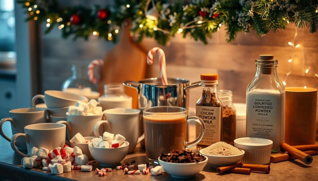 A cozy kitchen counter, bathed in warm lighting, displays an array of hot chocolate essentials. In the foreground, a selection of mugs, spoons, and toppings - marshmallows, crushed candy canes, chocolate shavings, and cinnamon sticks. In the middle ground, a steaming pot of rich, creamy hot chocolate, surrounded by glass jars filled with gourmet cocoa powder, sweetened condensed milk, and vanilla extract. In the background, a festive garland and twinkling string lights create a inviting, winter-wonderland atmosphere, perfect for a cozy, collaborative hot cocoa bar.