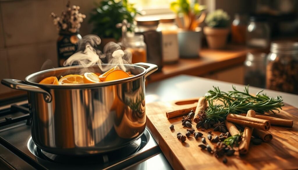 A cozy kitchen scene with a simmering stovetop potpourri, steam gently rising, surrounded by an assortment of fragrant seasonal ingredients. In the foreground, a gleaming stainless steel pot filled with a vibrant blend of citrus peels, cinnamon sticks, fresh rosemary, and whole cloves. Warm, natural lighting casts a golden glow, creating a welcoming, homely atmosphere. In the middle ground, a wooden cutting board showcases the individual components, their colors and textures inviting the viewer to lean in and breathe deeply. The background features a rustic kitchen counter, with jars of dried herbs and spices, and a potted plant adding a touch of greenery. The overall scene evokes a sense of comfort, simplicity, and the joy of creating natural, aromatic environments.