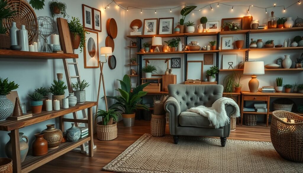 A cozy living room filled with an assortment of handmade home decor projects. In the foreground, a rustic wooden shelf displays an array of decorative vases, candles, and potted plants. On the middle-ground, a plush, tufted armchair sits beside a woven area rug, with a fluffy throw blanket draped over the back. In the background, shelves line the walls, showcasing an eclectic mix of framed artwork, ceramics, and other DIY accents that lend a warm, personal touch to the space. Soft, diffused lighting from table lamps and fairy lights creates a relaxing, inviting atmosphere. The overall scene exudes a sense of comfort, creativity, and a DIY spirit, perfect for a cozy night in.