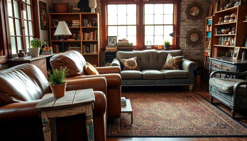 A cozy living room scene showcasing an eclectic mix of thrifted and vintage furniture finds. In the foreground, a worn leather armchair sits adjacent to a repurposed side table, its distressed wood surface complemented by a potted plant. In the middle ground, a mid-century inspired loveseat is positioned atop a vibrant patterned area rug, while a weathered bookshelf filled with curiosities lines the back wall. Warm, natural lighting filters in through large windows, casting a soft glow over the space and creating an inviting, lived-in atmosphere. The overall composition exudes a sense of character, charm, and personalized style.