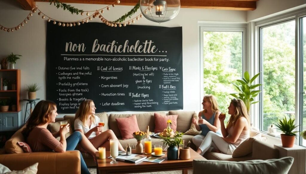 A cozy living room scene with natural lighting and a warm, celebratory atmosphere. In the foreground, a group of friends gathers around a coffee table, enjoying non-alcoholic beverages and snacks. Decorations like garlands, candles, and potted plants add a festive touch. In the middle ground, a chalkboard wall displays hand-lettered tips for planning a memorable non-alcoholic bachelorette party, including ideas for games, activities, and mocktail recipes. The background features a large window overlooking a lush, verdant outdoor scene, creating a sense of openness and relaxation.