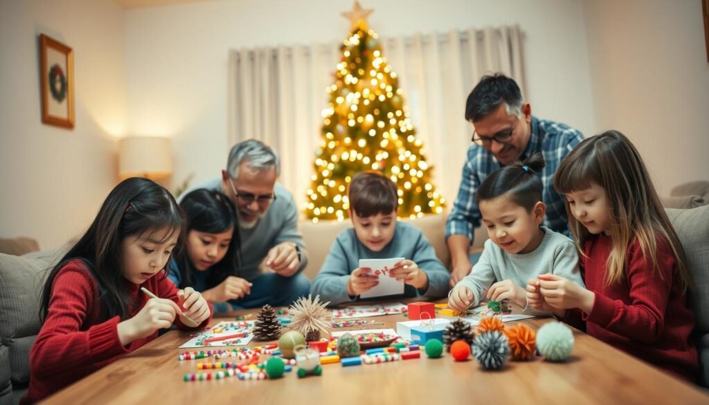 A cozy living room setting with a family gathered around a wooden table, engaged in various crafting activities. In the foreground, a mother and two children are intently working on colorful holiday-themed projects, their faces alight with concentration. In the middle ground, a father and grandmother offer guidance and encouragement, their expressions warm and nurturing. The background features a beautifully decorated Christmas tree, casting a soft, golden glow over the scene. The lighting is natural and diffused, creating a sense of intimacy and togetherness. The angle is slightly elevated, allowing the viewer to observe the family's collaborative and joyful creative process.