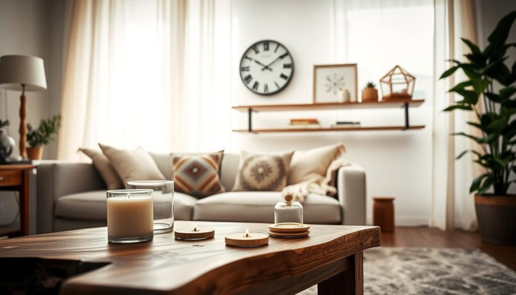 A cozy living room showcasing an array of stylish home gifts. In the foreground, a rustic wooden coffee table displays an artisanal candle, a delicate ceramic vase, and a set of handcrafted coasters. Across the room, a floating shelf holds a minimalist wall clock, a handwoven throw pillow, and a decorative glass terrarium. Soft, diffused lighting filters through sheer curtains, creating a warm, inviting atmosphere. In the background, a lush potted plant and a geometric-patterned rug complete the visually appealing and thoughtfully curated scene.