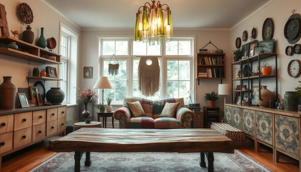 A cozy living room showcasing an array of upcycled home decor. In the foreground, a rustic coffee table crafted from reclaimed wood and metal piping. Hanging above it, a chandelier made from repurposed glass bottles, casting a warm glow. Along the walls, shelves displaying an eclectic mix of vintage finds and DIY projects - a vase fashioned from an old jar, a wall hanging woven from discarded fabric strips, and a stylish planter crafted from a recycled tin can. The middle ground features a comfortable armchair upholstered in a patchwork of upcycled textiles. In the background, large windows allow natural light to flood the space, highlighting the unique, one-of-a-kind charm of the upcycled decor. The overall atmosphere is cozy, inviting, and reflective of a sustainable, creative lifestyle.