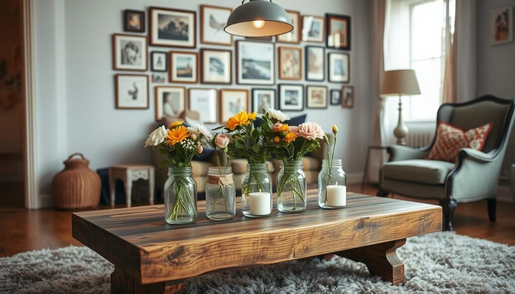 A cozy living room with a rustic wooden coffee table, adorned with repurposed jars holding fresh flowers and candles. In the background, a gallery wall showcases a collection of framed DIY artwork, while a plush area rug and a vintage armchair create a warm, inviting atmosphere. Soft lighting from a hanging pendant lamp illuminates the space, highlighting the blend of natural textures and homemade accents. The scene exudes a sense of charm and creativity, showcasing how budget-friendly materials can be transformed into beautiful and functional home decor.