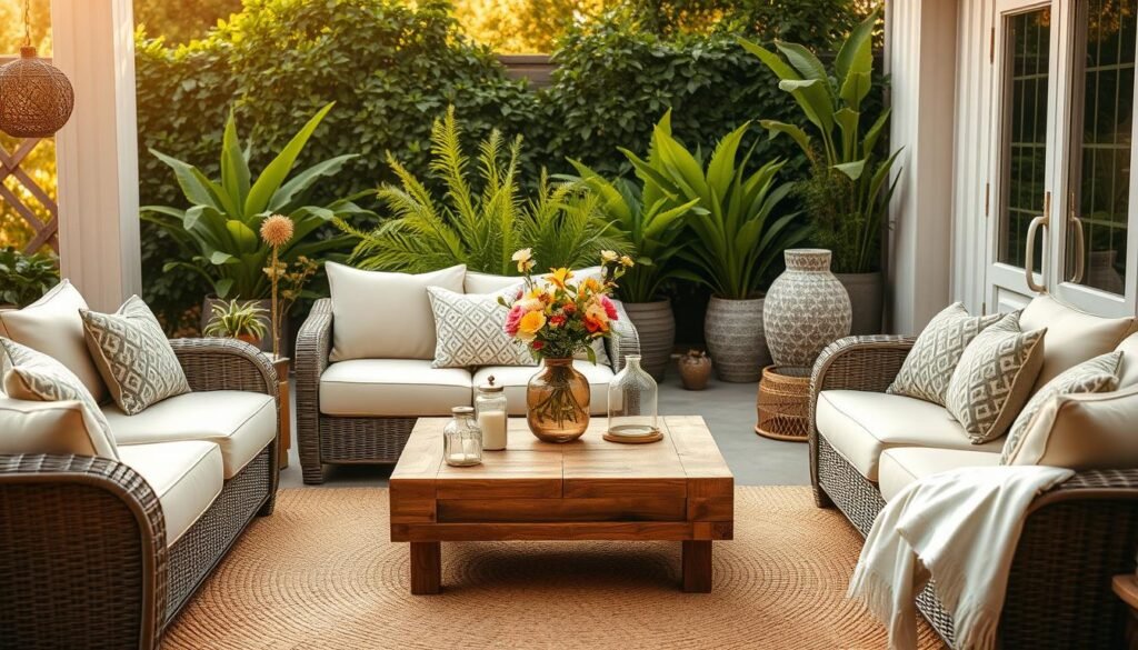 A cozy outdoor living space with a stylish arrangement of wicker furniture and natural accents. In the foreground, a plush, neutral-toned sectional sofa with soft, inviting cushions. In the middle ground, a rustic wooden coffee table topped with a vase of fresh-cut flowers and a few decorative glass jars. Surrounding the seating area, lush, verdant potted plants and a small, decorative water feature. The scene is bathed in warm, golden afternoon sunlight, creating a tranquil, calming atmosphere. A woven area rug underfoot ties the natural elements together. The arrangement feels effortlessly inviting, blending the comforts of indoors with the beauty of the outdoors.