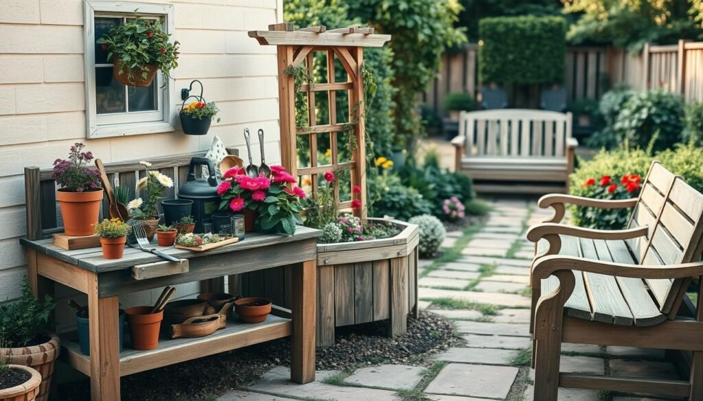 A cozy outdoor oasis showcasing an array of DIY wooden garden projects. In the foreground, a rustic potting bench stands proudly, adorned with potted plants and gardening tools. In the middle ground, a charming wooden planter box overflows with vibrant blooms, complemented by a handcrafted trellis supporting climbing vines. The background features a tranquil garden path, lined with weathered wooden benches and accented by the natural beauty of lush greenery. Soft, warm lighting filters through the scene, creating a welcoming and inviting atmosphere. The composition captures the essence of transforming outdoor spaces with personalized, handcrafted wooden garden projects.