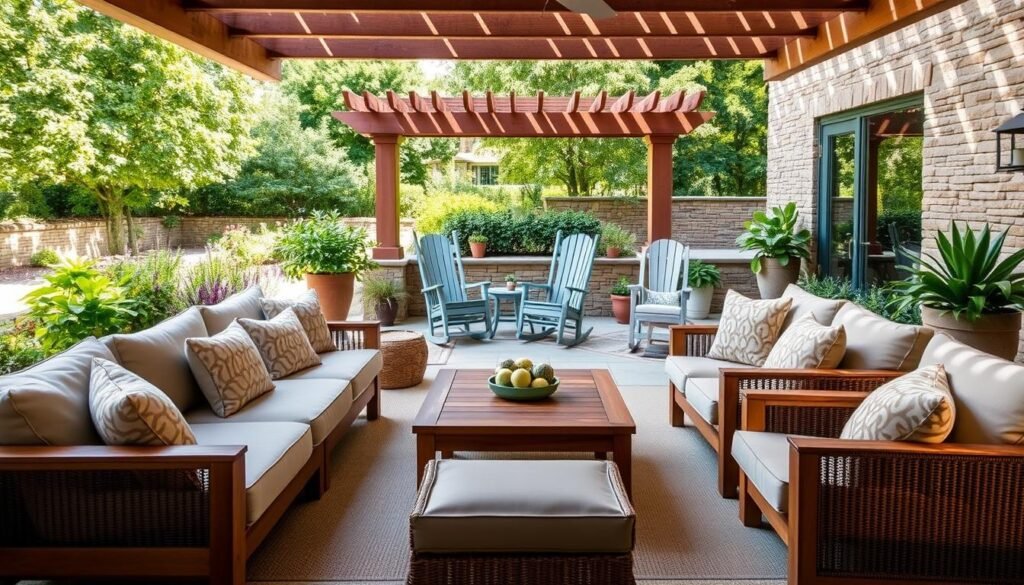 A cozy outdoor patio arrangement with plush seating, natural textures, and a harmonious color palette. In the foreground, a sectional sofa with soft cushions and throw pillows invites relaxation. Interspersed are sturdy wooden end tables and a low coffee table, creating an intimate conversation area. In the middle ground, a pair of rocking chairs in a complementary hue flank a small side table, while overhead, a wooden pergola casts dappled light across the scene. The background features lush greenery, potted plants, and a stone or brick wall, conveying a sense of tranquility and connection to the natural world. The overall mood is one of comfortable elegance, perfect for enjoying the outdoors. A cozy outdoor patio arrangement with plush seating, natural textures, and a harmonious color palette. In the foreground, a sectional sofa with soft cushions and throw pillows invites relaxation. Interspersed are sturdy wooden end tables and a low coffee table, creating an intimate conversation area. In the middle ground, a pair of rocking chairs in a complementary hue flank a small side table, while overhead, a wooden pergola casts dappled light across the scene. The background features lush greenery, potted plants, and a stone or brick wall, conveying a sense of tranquility and connection to the natural world. The overall mood is one of comfortable elegance, perfect for enjoying the outdoors.