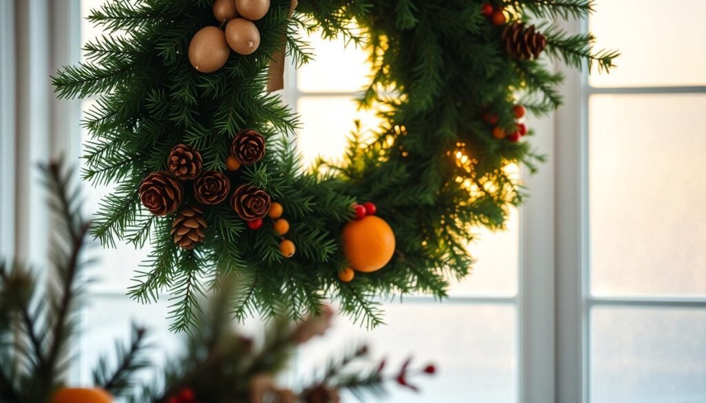 A cozy, rustic evergreen wreath, its lush, green boughs accented with natural elements. In the foreground, pinecones, dried oranges, and subtle pops of red berries add texture and warmth. The wreath is suspended against a soft, hazy background, lit by gentle, diffused winter sunlight filtering through frosted windowpanes. The scene evokes a sense of peaceful, hygge-inspired tranquility, perfect for a cozy, handcrafted winter craft project. A cozy, rustic evergreen wreath, its lush, green boughs accented with natural elements. In the foreground, pinecones, dried oranges, and subtle pops of red berries add texture and warmth. The wreath is suspended against a soft, hazy background, lit by gentle, diffused winter sunlight filtering through frosted windowpanes. The scene evokes a sense of peaceful, hygge-inspired tranquility, perfect for a cozy, handcrafted winter craft project.