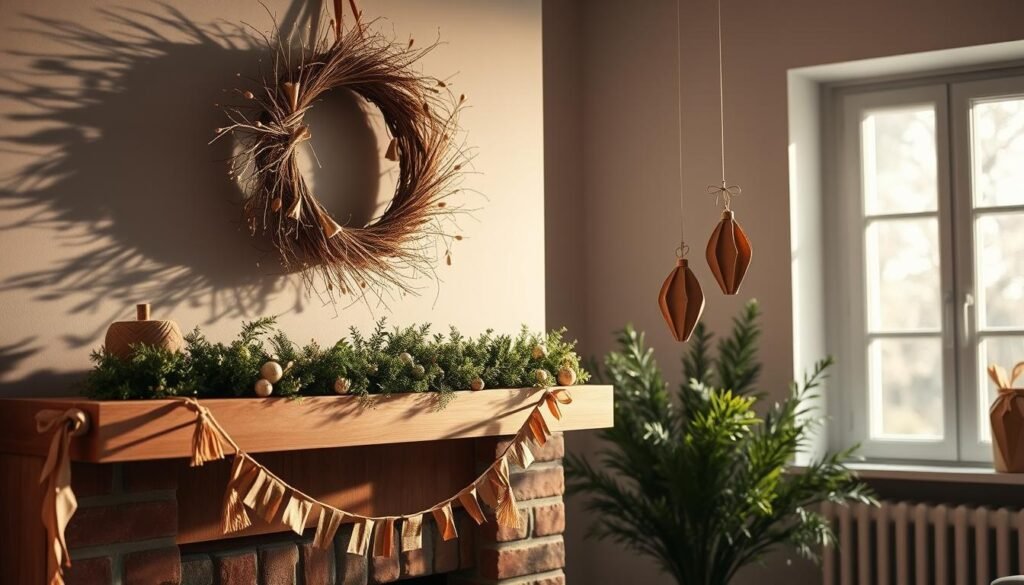 A cozy, rustic scene of kraft paper decor adorning a warm, inviting living space. In the foreground, a meticulously crafted wreath made of natural fibers and delicate foliage hangs above a minimalist, wooden mantelpiece. Cascading garlands of kraft paper, accented with subtle touches of greenery, line the mantel, casting a soft, natural glow. In the middle ground, a pair of stylized, kraft paper ornaments dangle gracefully from a lush, potted plant, complementing the earthy tones and organic textures. The background features a large window, allowing natural light to filter in and illuminate the space, creating a serene, contemporary ambiance. Subtle shadows and highlights add depth and dimension, evoking a sense of timeless, Scandinavian-inspired elegance.