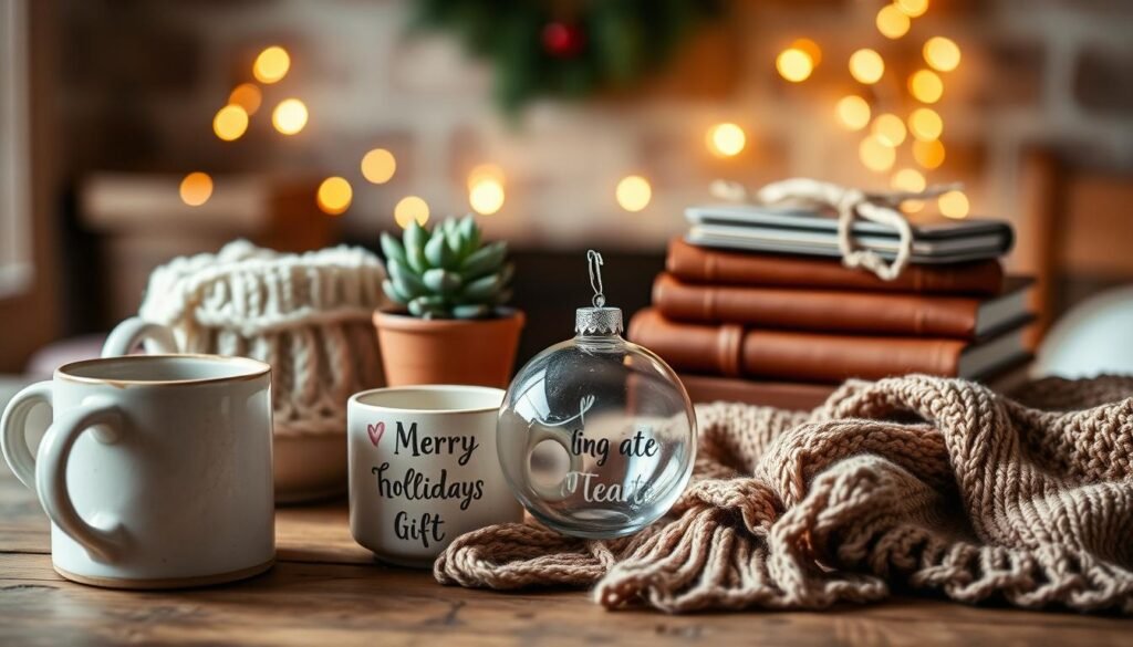 A cozy, rustic tabletop scene showcasing an assortment of personalized holiday gifts. In the foreground, handmade ceramic mugs, a custom-etched glass ornament, and a knitted scarf are arranged on a wooden table. The middle ground features a small potted succulent and a stack of leather-bound notebooks. In the background, a string of twinkling fairy lights casts a warm, intimate glow, creating a sense of homespun charm. The overall lighting is soft and diffused, evoking a welcoming, festive atmosphere. The composition emphasizes the personal, thoughtful nature of these handcrafted, budget-friendly presents.