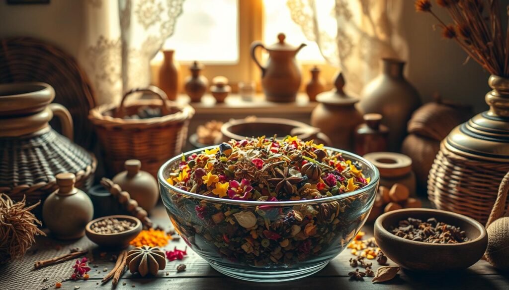 A cozy, rustic vignette showcasing the timeless allure of traditional potpourri. In the foreground, a glass bowl filled with a vibrant medley of dried flowers, spices, and aromatic herbs, their soothing scents wafting through the air. Surrounding the centerpiece, an arrangement of woven baskets, ceramic vessels, and wooden trinkets, all evoking a sense of Old-World charm. In the background, a softly lit, sun-dappled windowsill, with delicate lace curtains gently billowing, inviting the viewer to pause and breathe in the calming, nostalgic atmosphere. The scene is bathed in warm, golden lighting, creating a serene and welcoming ambiance that celebrates the enduring beauty and benefits of this age-old tradition.