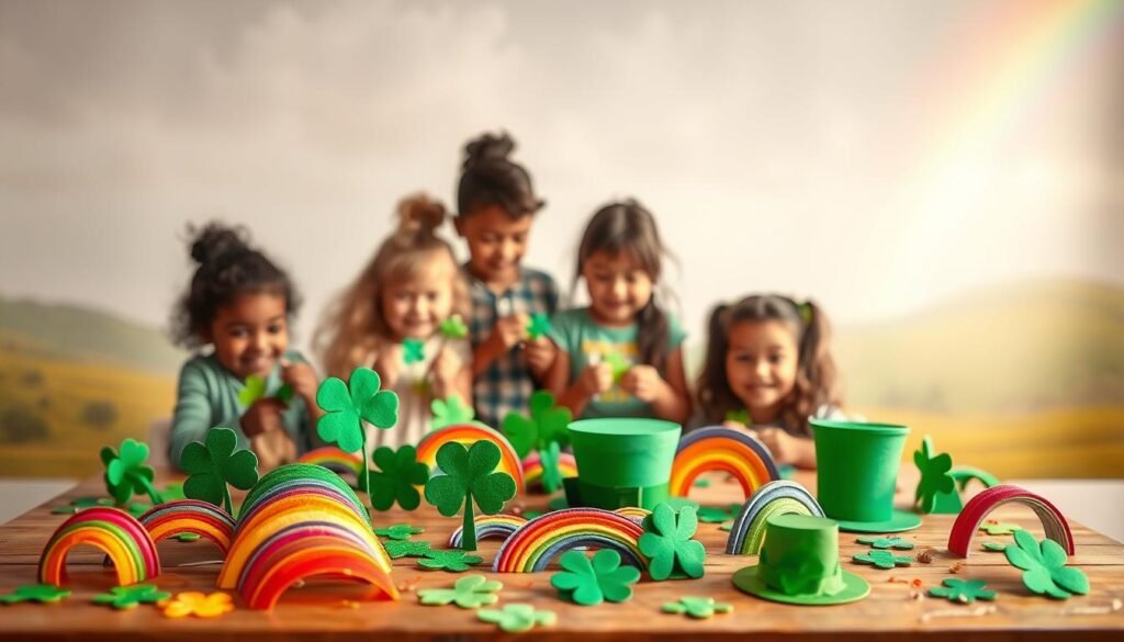 A cozy scene of family-friendly St. Patrick's Day crafts set against a warm, inviting background. In the foreground, a table is adorned with an array of vibrant green shamrocks, rainbows, and leprechaun hats, all handcrafted from colorful felt, paper, and glitter. In the middle ground, children of diverse backgrounds gather around, eagerly working on their projects, their faces aglow with excitement. The background is a soft, ethereal landscape, with a hint of a rainbow peeking through the clouds, casting a gentle, magical glow over the entire scene. The lighting is soft and diffused, creating a sense of warmth and whimsy, perfect for capturing the joy and creativity of this delightful family-friendly celebration.