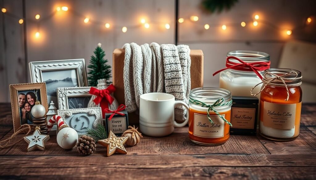 A cozy scene of personalized holiday gifts carefully arranged on a rustic wooden table. In the foreground, an assortment of handmade ornaments, photo frames, and scented candles adorn the surface, each item reflecting the unique interests and personalities of the recipients. The middle ground features a knitted scarf, a personalized mug, and a homemade jam jar, all tied with festive ribbons. In the background, a twinkling string of fairy lights casts a warm, inviting glow, complementing the natural textures of the wooden table and the holiday-themed decorations. The overall mood is one of heartfelt sentimentality, emphasizing the personal touches that make these gifts truly special.