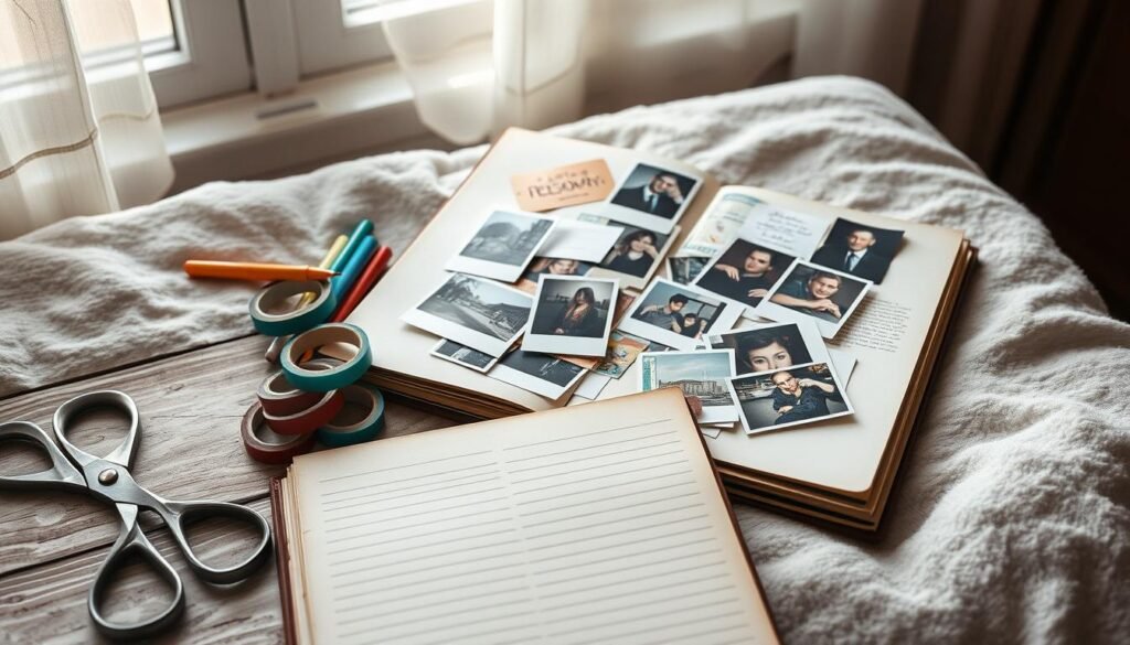 A cozy scrapbook filled with personal mementos and photographs, resting on a soft, weathered wooden surface. In the foreground, an open journal lies next to an assortment of vintage-inspired craft supplies - scissors, washi tape, and a variety of colorful pens. The middle ground features a collage of polaroid-style snapshots, ticket stubs, and handwritten notes, creating a layered, textured display. In the background, a soft, natural light filters through a window, casting a warm glow and highlighting the intimate, reflective atmosphere. The overall mood is one of nostalgia, creativity, and self-expression.