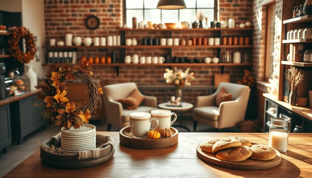 A cozy seasonal coffee bar, bathed in warm, natural lighting from a large window. In the foreground, a wooden serving counter displays an array of autumn-inspired decor - a rustic harvest wreath, a stack of pumpkin spice lattes, and a tray of cinnamon-dusted pastries. Midground showcases plush armchairs and a small side table adorned with a vase of dried flowers and a scented candle. In the background, a brick accent wall and wooden shelves hold an assortment of mugs, jars, and decorative seasonal items, creating an inviting and visually harmonious atmosphere.