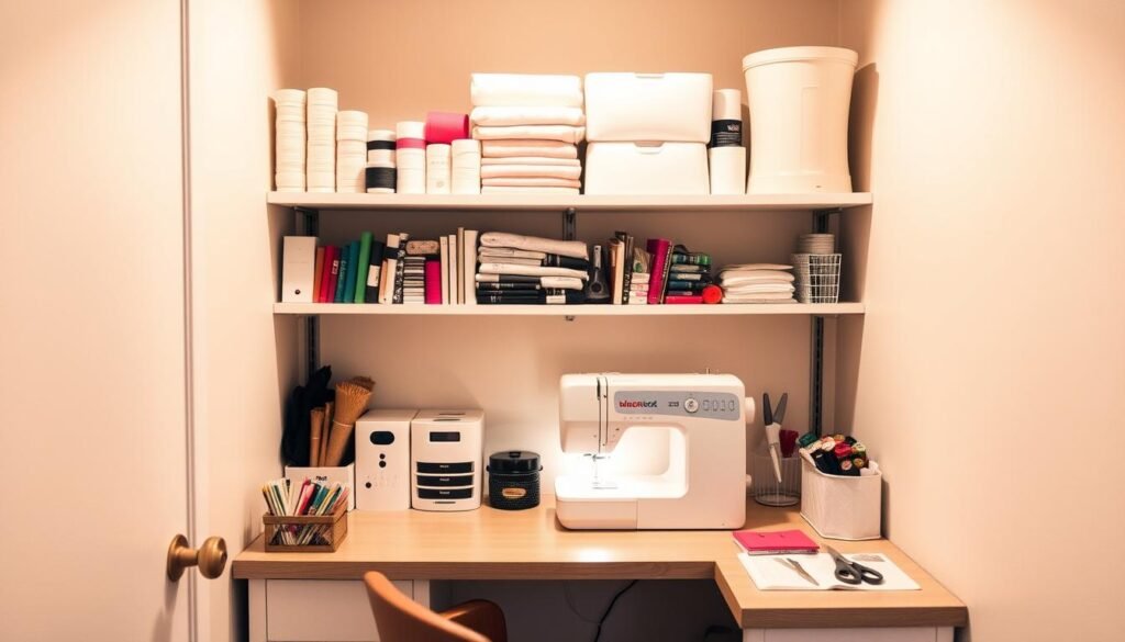A cozy sewing nook with a compact shelving unit and tabletop organizers, bathed in warm, soft lighting. The shelves display an array of neatly arranged sewing supplies, spools of thread, and small fabric swatches. On the tabletop, a sleek sewing machine sits alongside a collection of scissors, pins, and other essential tools, all within easy reach. The space feels efficient, well-organized, and visually pleasing, maximizing the potential of a limited area to inspire creativity and productivity.