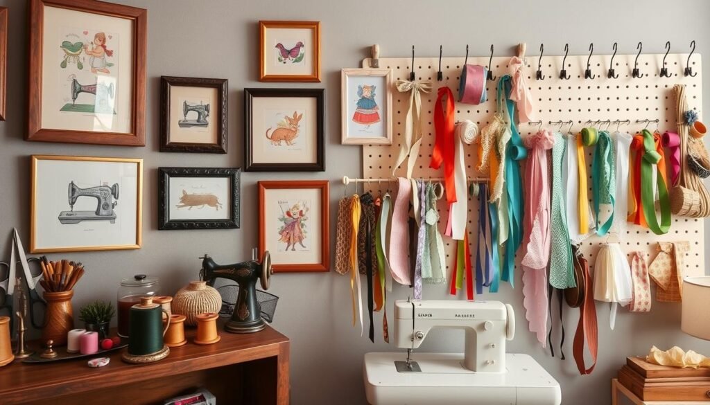 A cozy sewing room adorned with a delightful wall decor display. In the foreground, a collection of essential sewing tools - scissors, thread spools, and a pincushion - artfully arranged on a rustic wooden shelf. In the middle ground, an assortment of framed sewing-themed artwork, from vintage sewing machine illustrations to whimsical needle and thread motifs, tastefully hung on the soft gray walls. The background features a neatly organized pegboard, its hooks holding a variety of colorful ribbons, lace trims, and other sewing accoutrements, creating a visually striking and practical storage solution. Warm, diffused lighting casts a gentle glow, evoking a sense of comfort and inspiration for the avid seamstress.