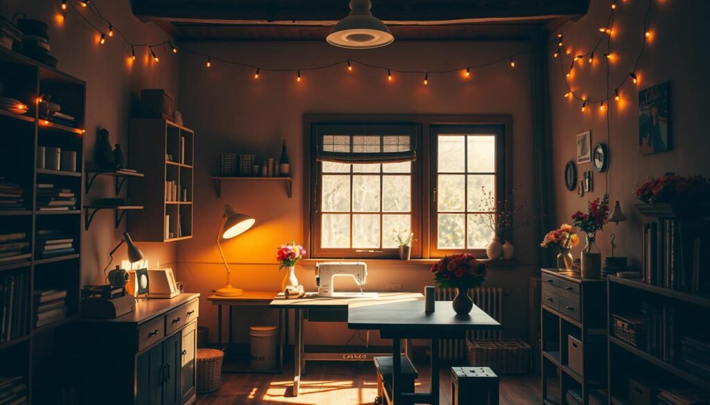 A cozy sewing room bathed in warm, inviting lighting. A large window fills the space with natural daylight, casting a soft glow across a wooden sewing table. Lamps with adjustable shades provide focused task lighting, while string lights draped along the walls create a serene, atmospheric ambiance. Shelves and cabinets line the walls, their contents casting intriguing shadows. The room has a harmonious color palette of earthy tones - rich browns, deep greens, and muted ochres, conveying a sense of comfort and creativity. Vases of fresh flowers and neatly organized sewing supplies add pops of vibrant color. An overall feeling of tranquility and inspiration pervades the space.