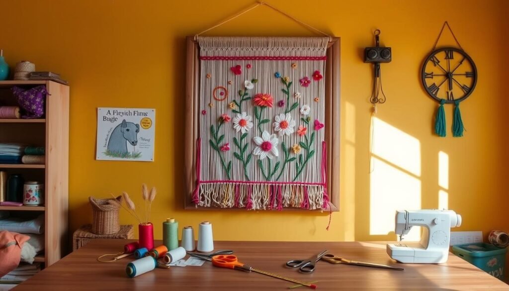 A cozy sewing room with a vibrant, handmade wall art project. A large, wooden frame takes center stage, housing an intricate tapestry woven with colorful threads and embellished with delicate embroidered flowers. The frame is mounted on a warm, mustard-yellow wall, casting a soft, natural light across the scene. Spools of thread, scissors, and other sewing notions are neatly arranged on a wooden table in the foreground, hinting at the creative process behind the artwork. The overall atmosphere is one of artistic inspiration and a celebration of the handmade.
