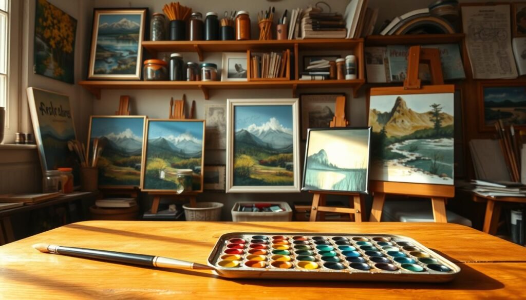 A cozy studio filled with artistic tools and past painting projects. In the foreground, a paintbrush and palette with vibrant acrylic colors sit on a wooden table, casting warm, natural lighting across the scene. The middle ground features several framed canvases, each depicting a unique style and subject - landscapes, still lifes, and abstract designs. Behind them, shelves hold jars of brushes, tubes of paint, and sketchbooks, hinting at the creative process. The overall atmosphere is one of contemplation and inspiration, encouraging the viewer to draw from their own artistic experiences.