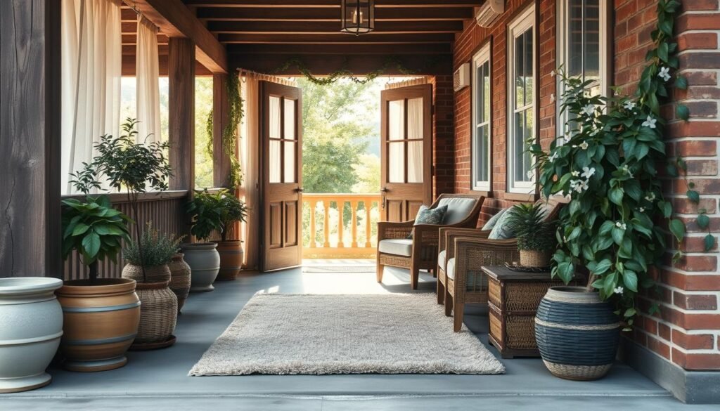 A cozy, sun-dappled porch leads into a warm, inviting interior. Soft natural light filters through sheer curtains, blending seamlessly with the outdoors. A plush, textured rug bridges the threshold, while potted plants and wooden furniture create a harmonious flow. Weathered beams and brick accents evoke a rustic, homey ambiance. A pair of comfy armchairs invite relaxation, their neutral tones complementing the earthy palette. Trailing vines and delicate blooms spill over the porch railing, connecting the spaces. The overall scene conveys a sense of tranquility and effortless transition between indoor and outdoor living.