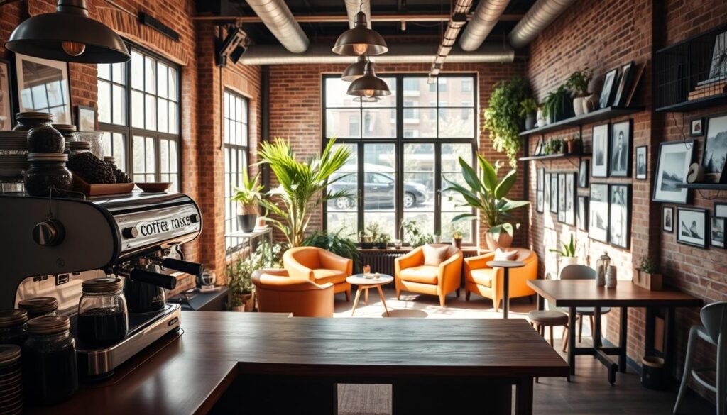 A cozy, sun-drenched coffee bar in a creative workspace, with a minimalist yet inviting aesthetic. In the foreground, a sleek, wooden bar top with a hand-crafted espresso machine and an array of glass jars filled with aromatic coffee beans. In the middle ground, plush leather armchairs and small tables encourage collaboration and casual meetings, while large windows flood the space with natural light. The background features exposed brick walls, lush greenery, and an array of framed art and photography, reflecting the artistic sensibilities of the workspace. Subtle industrial accents, such as metal pendant lights and wire shelving, add depth and character to the overall scene. The atmosphere exudes a sense of productivity, inspiration, and the perfect balance of work and relaxation.