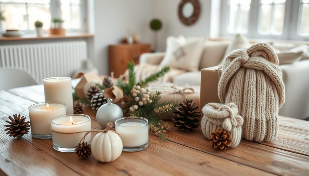 A cozy table setting showcasing a variety of budget-friendly holiday gift ideas. In the foreground, handmade candles, ornaments, and simple yet elegant knitted accessories sit atop a rustic wooden surface. The middle ground features a mix of natural elements like pinecones, dried flowers, and sprigs of evergreen, creating a warm, rustic atmosphere. In the background, a softly lit, minimalist living space with a large window allows natural light to flood the scene, enhancing the homemade, crafty vibe. The overall mood is one of relaxed, down-to-earth holiday cheer, highlighting thoughtful, inexpensive DIY projects perfect for adults on a budget.