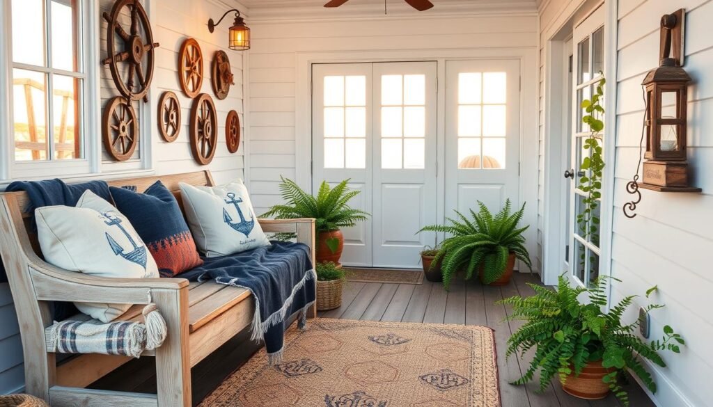 A cozy, vintage-inspired coastal porch scene, bathed in warm natural lighting from a large bay window. In the foreground, a weathered wooden bench adorned with plush, nautical-themed cushions and a tattered navy blue throw blanket. On the wall, a collection of antique ship wheels, driftwood art, and a rustic ship's lantern casts a soft, amber glow. In the middle ground, a woven area rug with a subtle sea creature pattern anchors the space, surrounded by lush potted ferns and trailing ivy. The background features a classic white-painted wood paneled wall, accented by a pair of arched doors leading to the scenic coastal view beyond.