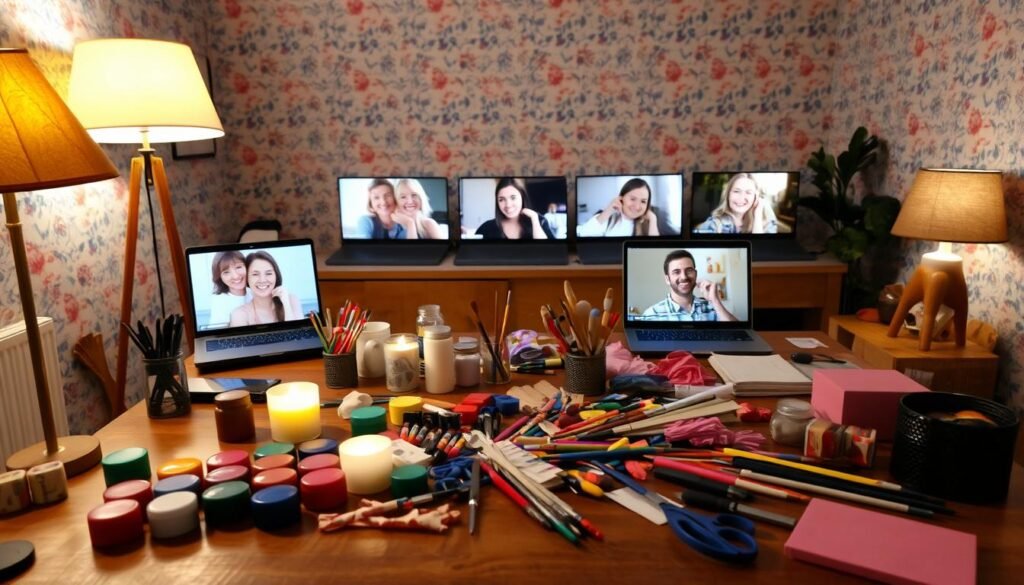 A cozy virtual craft party setup, with a warm and inviting atmosphere. In the foreground, a wooden table is adorned with an array of craft supplies - colorful paints, brushes, scissors, and an assortment of materials like fabrics, ribbons, and paper. Soft, diffused lighting from lamps and candles creates a gentle glow, casting shadows that add depth and dimension. In the middle ground, laptop screens display smiling faces of friends and family, connected through a video call, sharing ideas and laughter. The background features a cheerful, patterned wallpaper, adding a sense of comfort and coziness to the scene. The overall mood is one of togetherness, creativity, and the ability to bond over shared interests, even when physically apart. A cozy virtual craft party setup, with a warm and inviting atmosphere. In the foreground, a wooden table is adorned with an array of craft supplies - colorful paints, brushes, scissors, and an assortment of materials like fabrics, ribbons, and paper. Soft, diffused lighting from lamps and candles creates a gentle glow, casting shadows that add depth and dimension. In the middle ground, laptop screens display smiling faces of friends and family, connected through a video call, sharing ideas and laughter. The background features a cheerful, patterned wallpaper, adding a sense of comfort and coziness to the scene. The overall mood is one of togetherness, creativity, and the ability to bond over shared interests, even when physically apart.