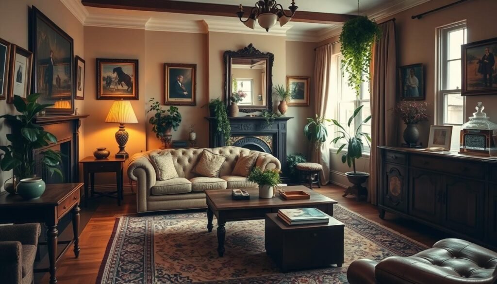 A cozy, well-appointed vintage living room with warm, muted tones. A plush, tufted chesterfield sofa sits atop a worn oriental rug, surrounded by antique wooden end tables and a sturdy coffee table. The walls are adorned with framed artwork and vintage mirrors, casting a soft, ambient glow from the gently flickering fireplace. Lush, trailing plants add pops of verdant life, while a vintage radio and a crystal decanter on a sideboard complete the timeless, inviting atmosphere. Soft, natural lighting filters in through large, curtained windows, creating a sense of timeless elegance. A cozy, well-appointed vintage living room with warm, muted tones. A plush, tufted chesterfield sofa sits atop a worn oriental rug, surrounded by antique wooden end tables and a sturdy coffee table. The walls are adorned with framed artwork and vintage mirrors, casting a soft, ambient glow from the gently flickering fireplace. Lush, trailing plants add pops of verdant life, while a vintage radio and a crystal decanter on a sideboard complete the timeless, inviting atmosphere. Soft, natural lighting filters in through large, curtained windows, creating a sense of timeless elegance.