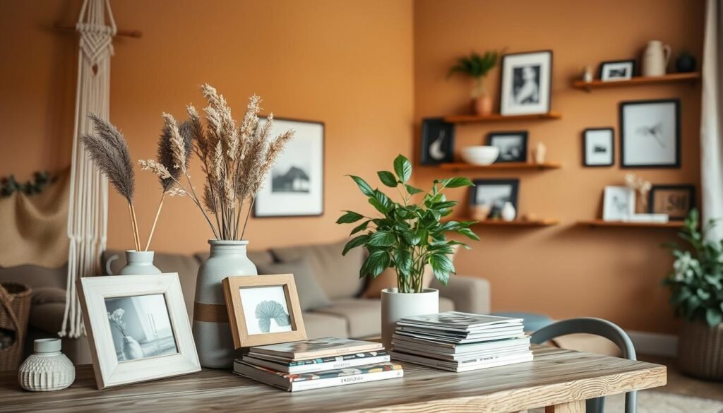 A cozy, well-lit DIY home decor scene with natural textures and earthy tones. In the foreground, various handcrafted decorative items such as a macrame wall hanging, a ceramic vase with dried flowers, and a wooden photo frame. In the middle ground, a rustic wooden table with a lush potted plant and a stack of home decor magazines. The background features a warm, neutral-toned wall with a minimalist gallery wall arrangement of framed artwork and wall-mounted shelves displaying more decorative pieces. The lighting is soft and diffused, creating a tranquil and inviting atmosphere.