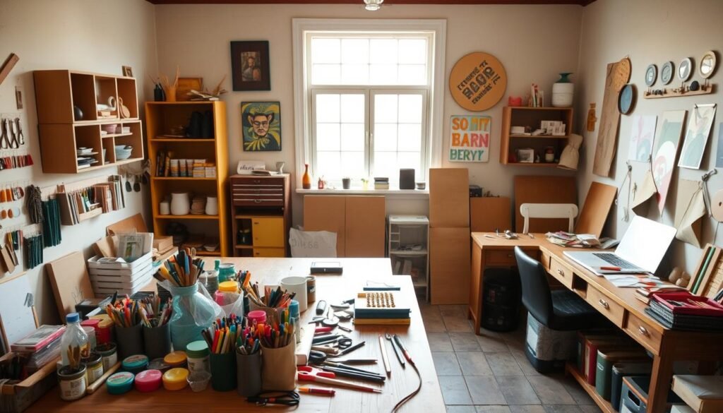 A cozy, well-lit DIY workspace showcasing an array of creative projects. In the foreground, an assortment of colorful craft supplies and tools are neatly organized on a sturdy wooden workbench. In the middle ground, various half-finished projects, such as handmade shelves, painted wall art, and a refurbished vintage desk chair, are scattered around the space. The background features a large window that floods the room with natural light, casting a warm, inviting glow. The overall atmosphere evokes a sense of inspiration, productivity, and a desire to unleash one's artistic potential within a personalized, unique workspace.