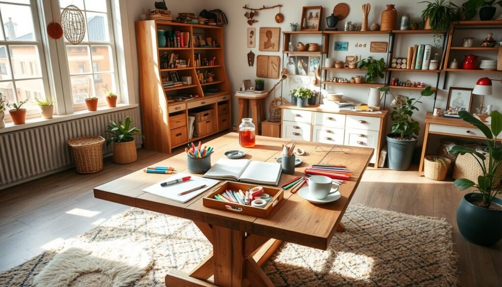 A cozy, well-lit craft room with a rustic wooden table in the center. On the table, an array of craft supplies - colorful markers, scissors, glue sticks, washi tape, and an open sketchbook. Alongside, a tray of freshly brewed tea and an assortment of snacks. Sunlight streams in through large windows, casting a warm glow over the scene. The walls are adorned with shelves displaying an eclectic collection of art supplies and handmade trinkets. A plush rug underfoot and plants dotting the space lend a sense of comfort and inspiration. The overall mood is one of creativity, relaxation, and shared delight in the simple pleasures of crafting. A cozy, well-lit craft room with a rustic wooden table in the center. On the table, an array of craft supplies - colorful markers, scissors, glue sticks, washi tape, and an open sketchbook. Alongside, a tray of freshly brewed tea and an assortment of snacks. Sunlight streams in through large windows, casting a warm glow over the scene. The walls are adorned with shelves displaying an eclectic collection of art supplies and handmade trinkets. A plush rug underfoot and plants dotting the space lend a sense of comfort and inspiration. The overall mood is one of creativity, relaxation, and shared delight in the simple pleasures of crafting.