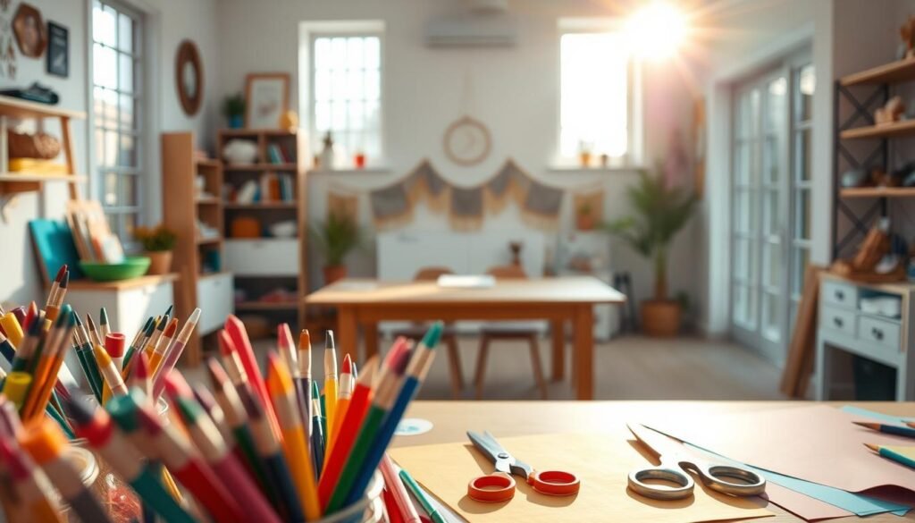 A cozy, well-lit craft studio with an adult twist. In the foreground, an array of vibrant art supplies: paint brushes, markers, colorful paper, and a pair of adult-sized scissors. In the middle ground, a large, wooden table holds an unfinished DIY project - perhaps a geometric wall hanging or a clay sculpture. Soft natural light filters in through large windows, casting a warm glow on the scene. The atmosphere is one of focused creativity and playful exploration, inviting the viewer to engage in therapeutic, stress-relieving crafting.