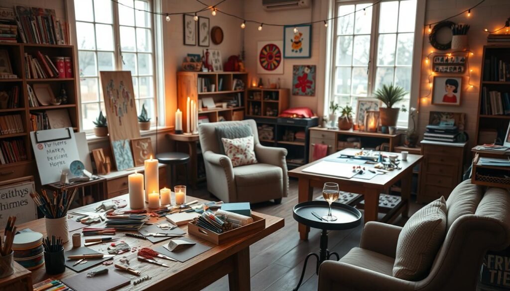 A cozy, well-lit craft studio with natural light streaming through large windows. Wooden tables are adorned with an array of craft supplies - paintbrushes, scissors, markers, and a variety of colorful papers, fabrics, and embellishments. Flickering candles cast a warm glow, complemented by the soft illumination of string lights draped across the space. Plush armchairs and a small side table with a tray of refreshments, including a glass of wine, invite guests to relax and unleash their creativity. The overall atmosphere is one of inviting, artistic inspiration, perfect for a sip and create experience.