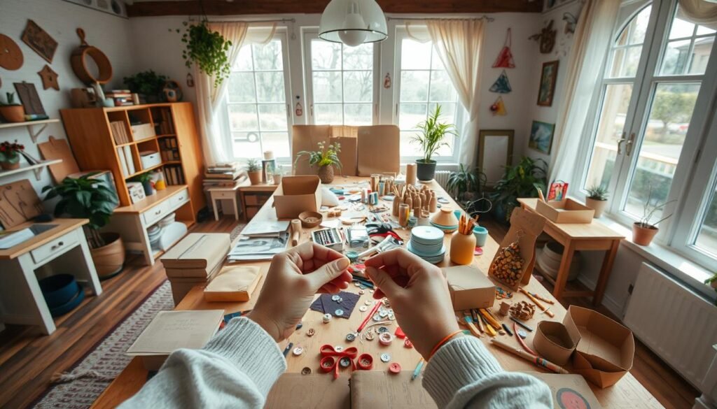 A cozy, well-lit craft studio with natural lighting filtering through large windows. On a central table, an array of simple, everyday objects like cardboard, newspapers, buttons, ribbons, and other recyclable materials are neatly arranged, inviting the viewer to get creative. In the foreground, the hands of an adult crafter skillfully manipulating these materials, crafting a delightful DIY project. The room has a warm, inviting atmosphere, with plants and art supplies adding a touch of inspiration. The angle is slightly elevated, giving a bird's-eye view of the crafting process, encouraging the viewer to imagine themselves as the creative protagonist. A cozy, well-lit craft studio with natural lighting filtering through large windows. On a central table, an array of simple, everyday objects like cardboard, newspapers, buttons, ribbons, and other recyclable materials are neatly arranged, inviting the viewer to get creative. In the foreground, the hands of an adult crafter skillfully manipulating these materials, crafting a delightful DIY project. The room has a warm, inviting atmosphere, with plants and art supplies adding a touch of inspiration. The angle is slightly elevated, giving a bird's-eye view of the crafting process, encouraging the viewer to imagine themselves as the creative protagonist.