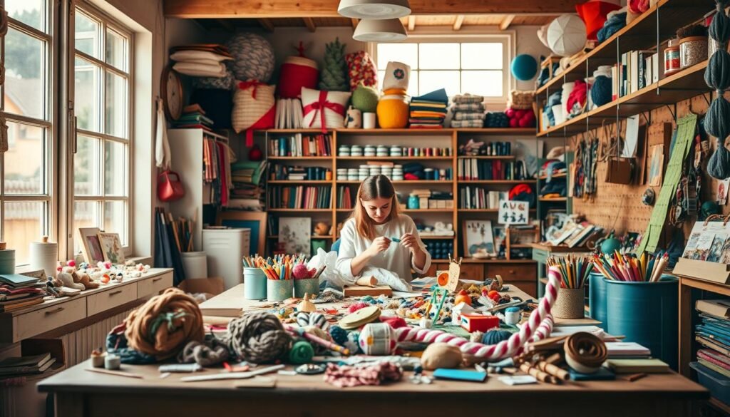 A cozy, well-lit craft studio with shelves showcasing an array of vibrant materials - colorful papers, yarn, paints, and whimsical embellishments. In the foreground, a wooden table is cluttered with a variety of half-completed DIY projects, hinting at the creative possibilities within. The middle ground features a crafty person, focused and engaged, their hands skillfully shaping an intricate handmade item. The background depicts a large window, letting in warm natural light that casts a soft, inviting glow throughout the space, inspiring viewers to unleash their own artistic talents.