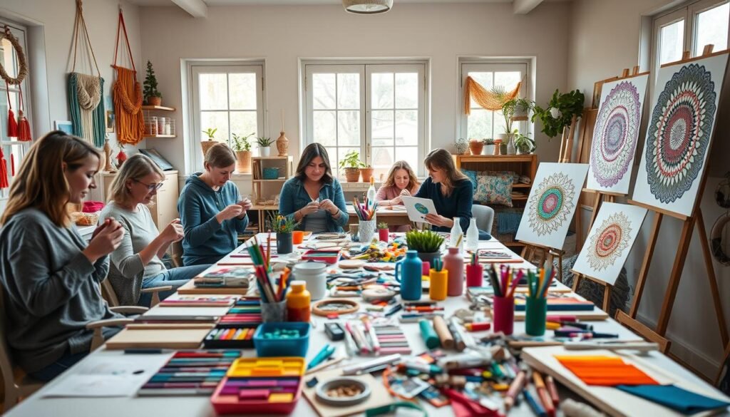 A cozy, well-lit crafting room showcases an array of stress-relieving DIY projects. In the foreground, a group of adults engages in hands-on activities like weaving colorful macrame wall hangings, sculpting playful clay figurines, and painting intricate mandalas on canvas. The middle ground features a table overflowing with art supplies, from vibrant paints and pastels to an assortment of textiles and trimmings. In the background, natural light streams in through large windows, creating a serene, rejuvenating atmosphere. The overall scene exudes a sense of mindfulness, creativity, and camaraderie, capturing the unique benefits of group crafting for adults.