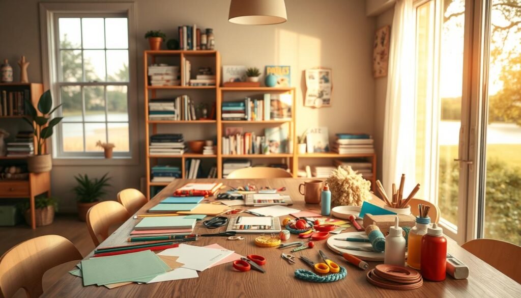 A cozy, well-lit crafting space with a wooden table in the foreground. On the table, an assortment of beginner-friendly craft supplies, including colorful paper, scissors, glue, and a variety of small decorative items. In the middle ground, a wall-mounted shelving unit displays neatly organized craft books and magazines. The background features a large window overlooking a tranquil outdoor scene, flooding the room with natural light. The overall atmosphere is warm, inviting, and inspirational, encouraging adults to dive into their first DIY arts and crafts projects.