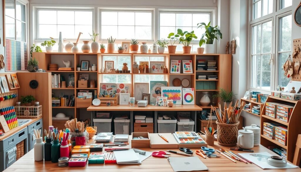 A cozy, well-lit crafting studio filled with an assortment of adult-friendly DIY materials and projects. In the foreground, a wooden table showcases a variety of colorful art supplies, such as paints, brushes, and scissors. On the middle shelves, decorative trinkets, plants, and neatly organized craft kits catch the eye. The background features large windows that let in natural light, casting a warm, inviting glow throughout the space. The overall atmosphere is one of creativity, inspiration, and a sense of personal expression. A cozy, well-lit crafting studio filled with an assortment of adult-friendly DIY materials and projects. In the foreground, a wooden table showcases a variety of colorful art supplies, such as paints, brushes, and scissors. On the middle shelves, decorative trinkets, plants, and neatly organized craft kits catch the eye. The background features large windows that let in natural light, casting a warm, inviting glow throughout the space. The overall atmosphere is one of creativity, inspiration, and a sense of personal expression.