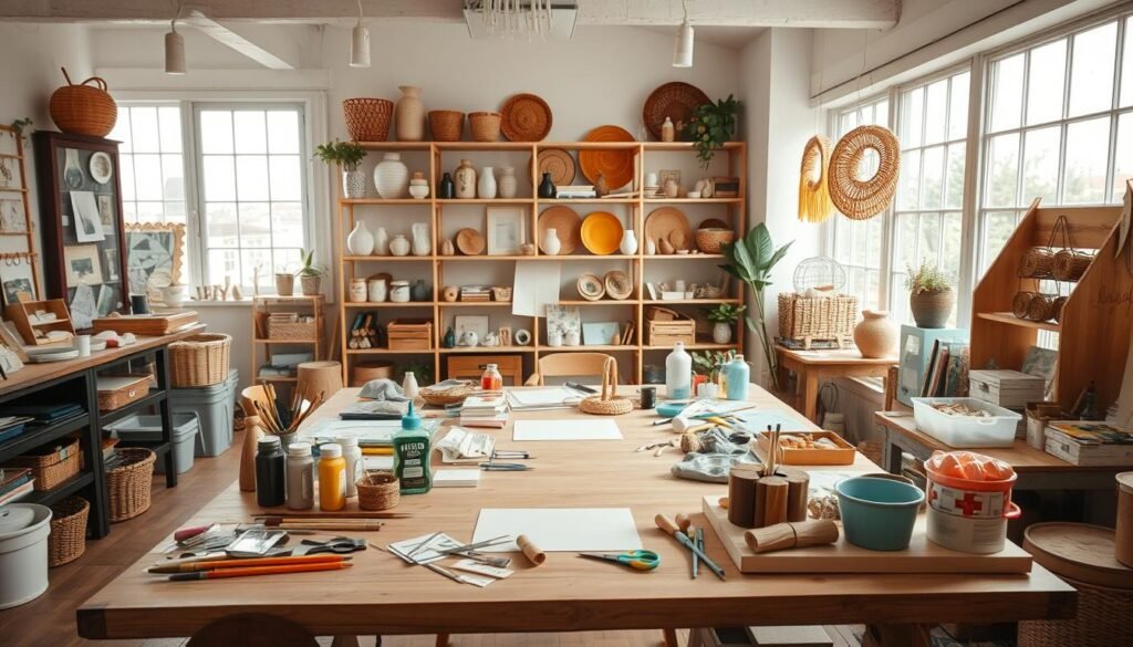A cozy, well-lit crafting studio with a large, wooden work table in the foreground. On the table, an assortment of DIY tools and materials, including paints, brushes, scissors, and various handmade projects in progress. In the middle ground, shelves lining the walls display an eclectic collection of finished craft pieces, from decorative vases to woven baskets. The background features large windows flooding the space with natural light, highlighting the warm, inviting atmosphere perfect for creative adult DIY projects.