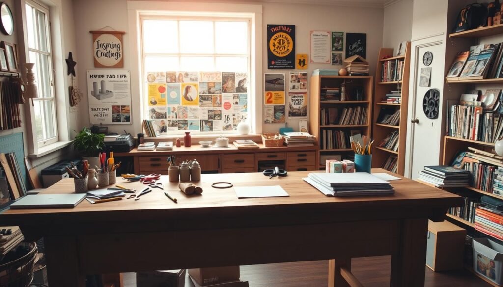 A cozy, well-lit crafting studio with a large, wooden workbench in the foreground. Various DIY craft supplies and tools are neatly arranged on the surface, including scissors, paintbrushes, colored paper, and a half-finished DIY project. In the middle ground, a large window allows natural light to flood the space, illuminating a wall display of inspiring craft ideas and tutorials. The background features bookshelves filled with craft books and magazines, conveying a sense of creativity and exploration. The overall mood is one of focus, inspiration, and the joy of making something with one's own hands.